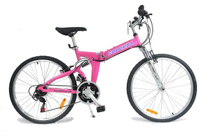 Full view of a pink folding bicycle.