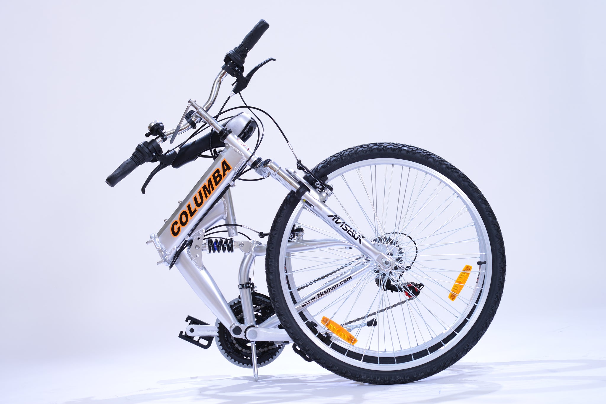Folded silver bicycle with orange and black logo titled "Columba."