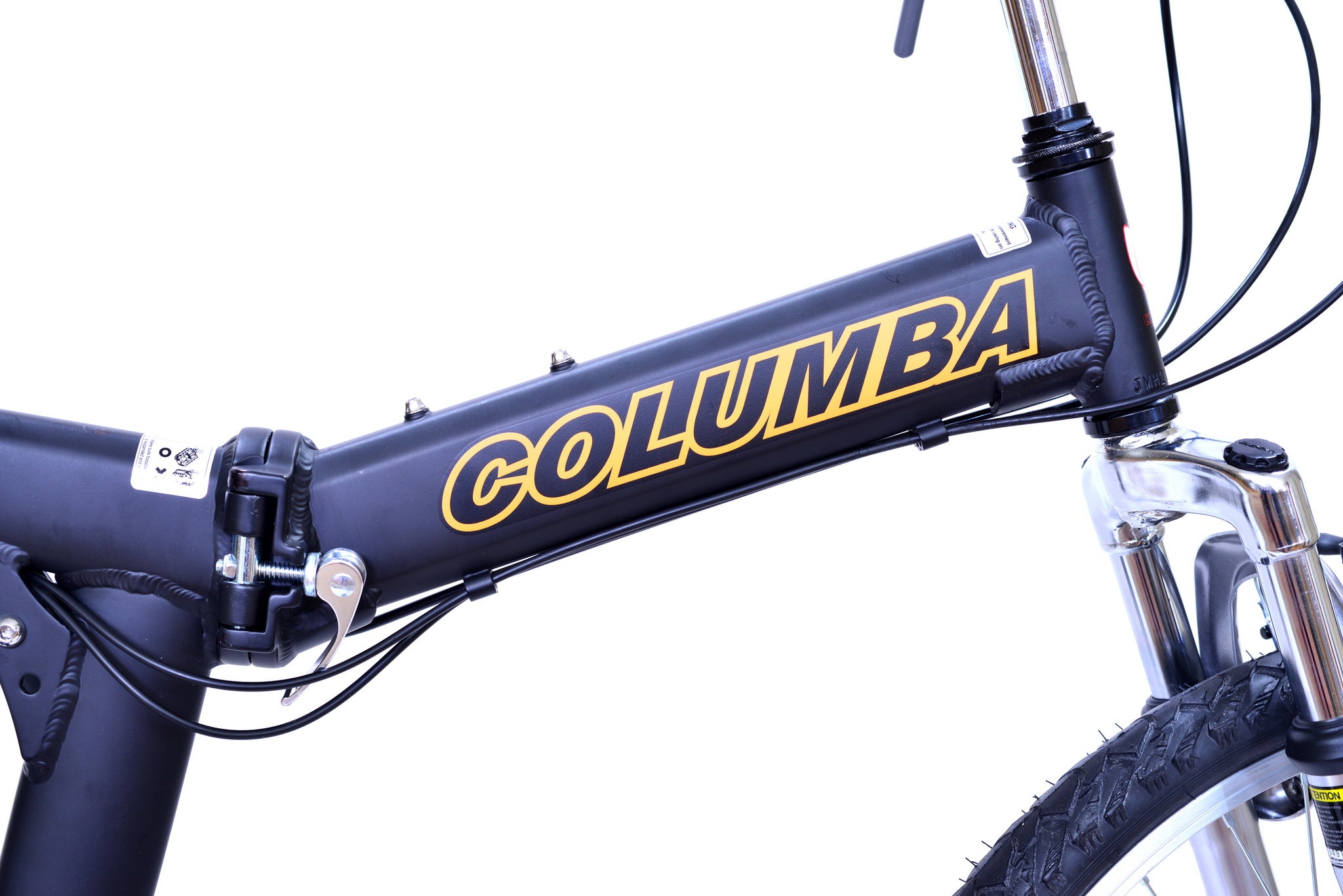 Bike tube that has a black and orange logo that reads "Columba."