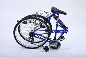 Folded position of a blue folding bicycle.