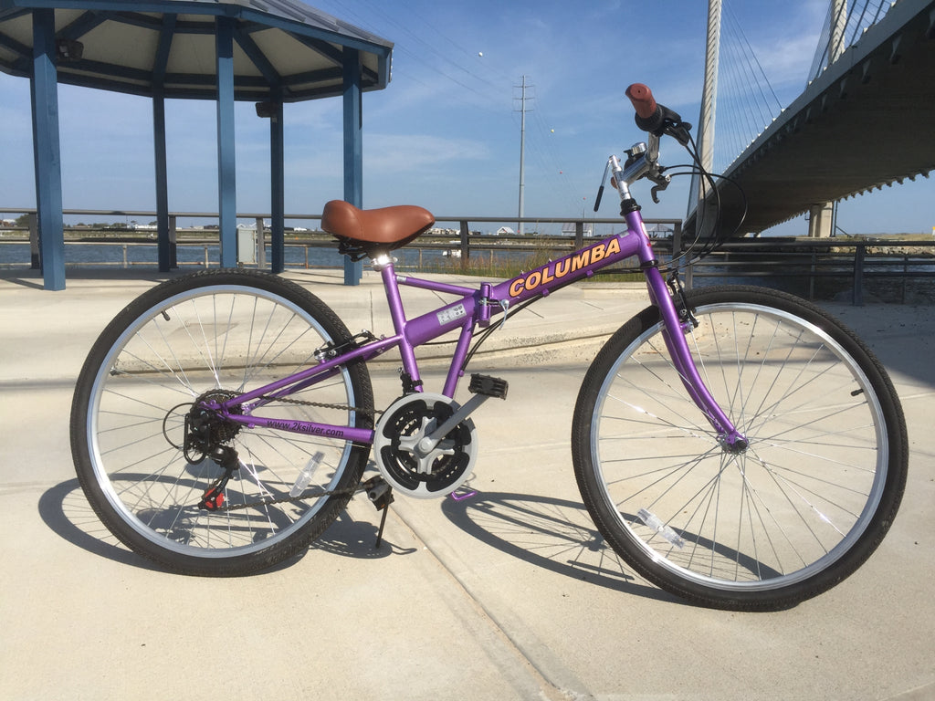 Purple-colored folding bicycle on a pavement outside near water.