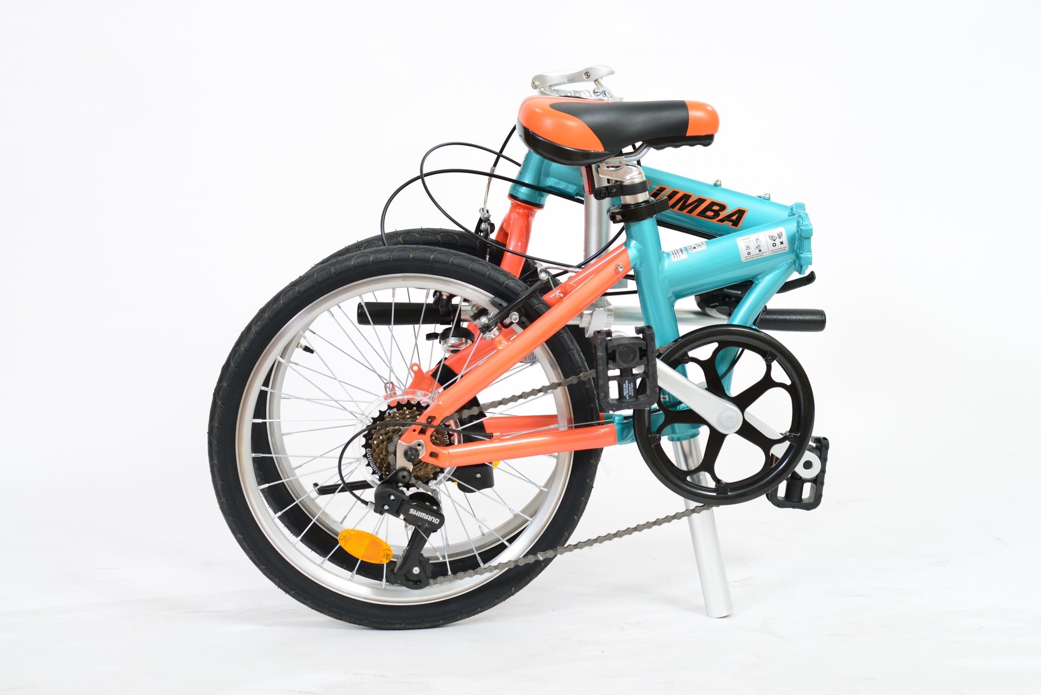 Folded position of an orange and blue folding bicycle.