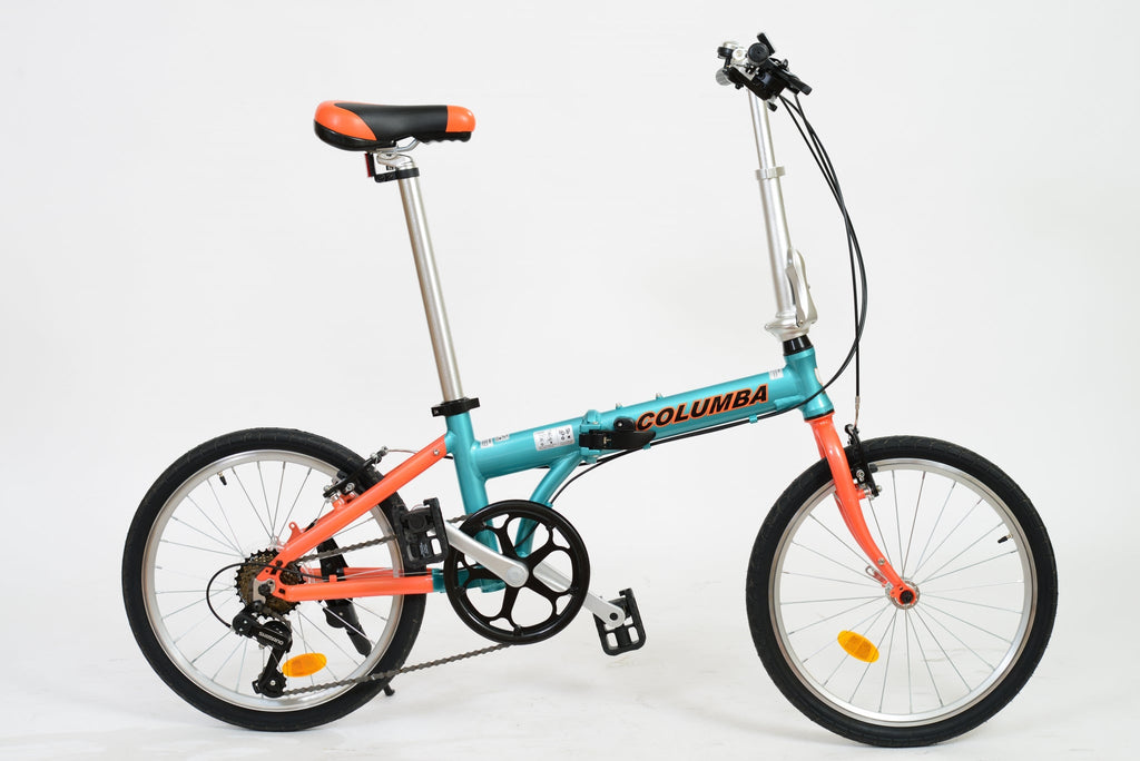 Blue and orange folding bicycle.