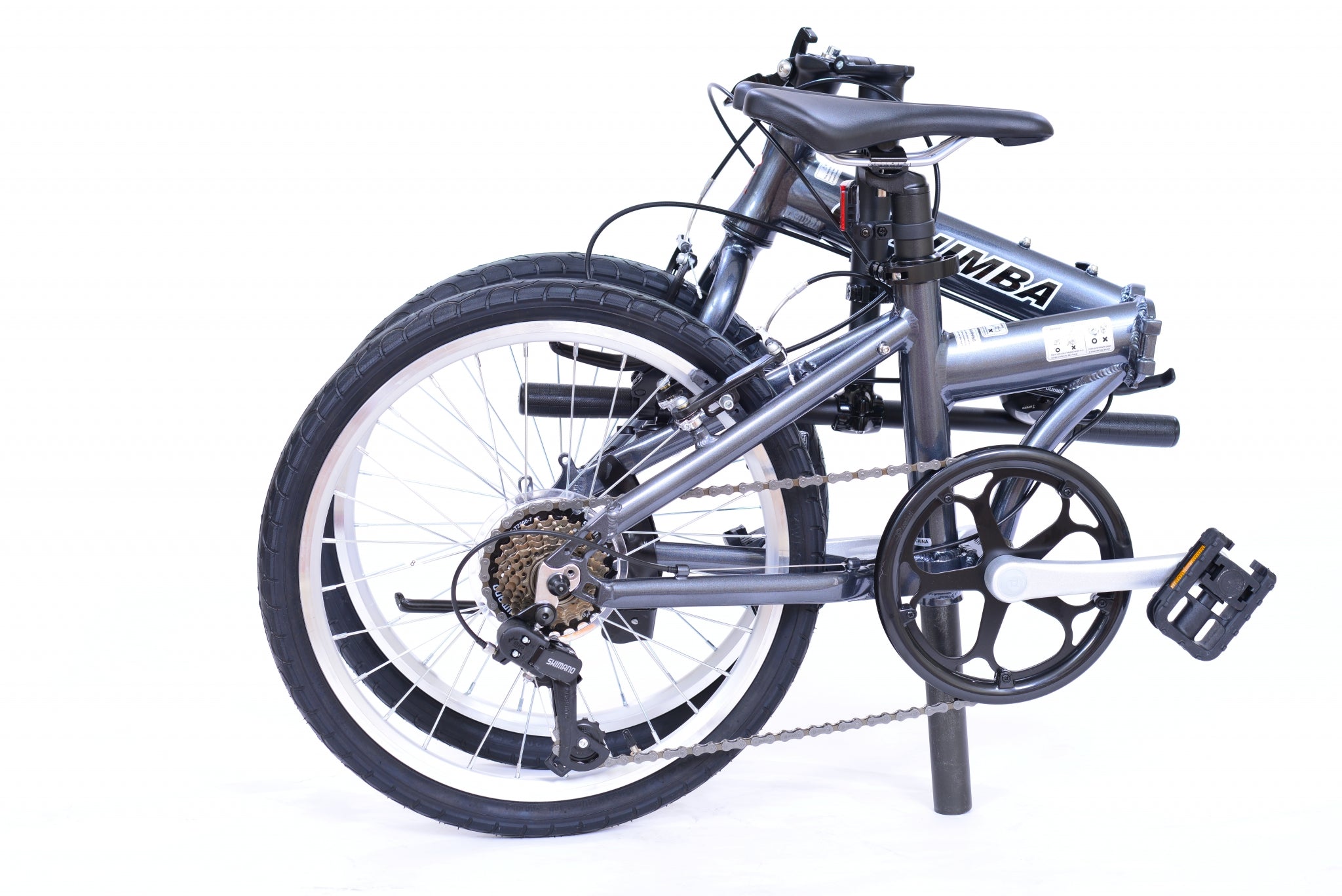Folded position of a gray folding bicycle.
