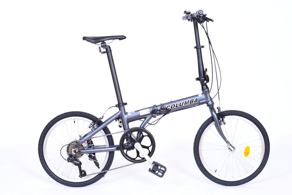 Gray folding bicycle.