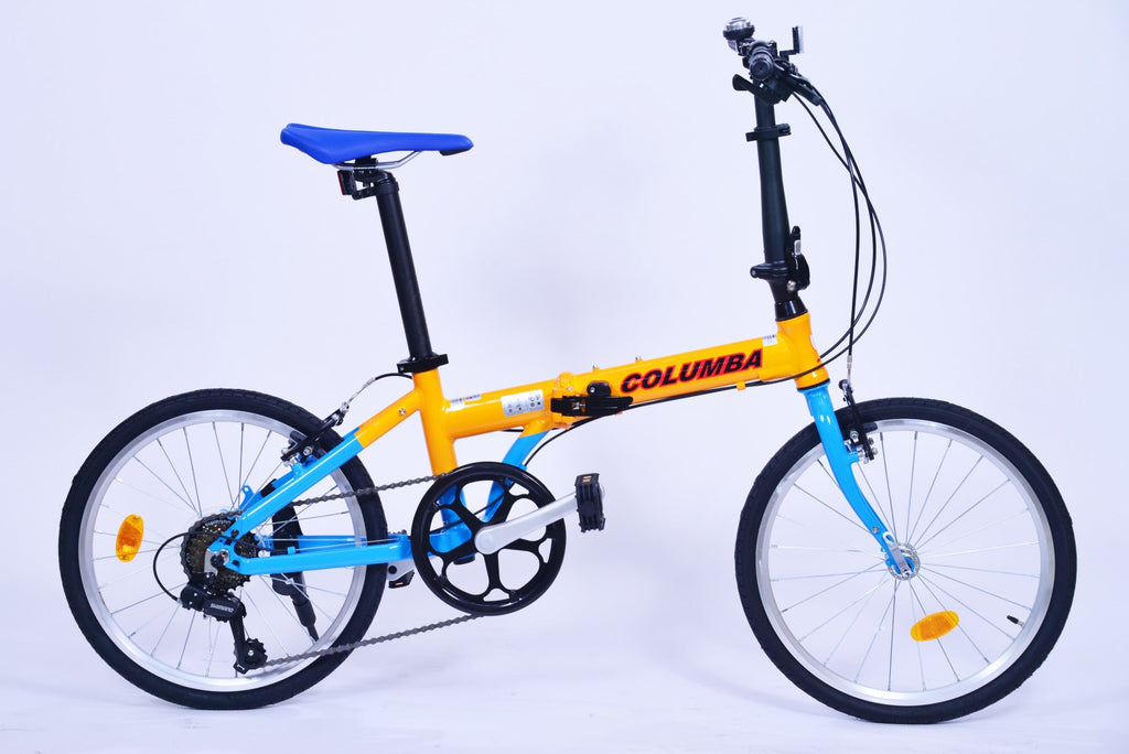 Full view of an orange and blue folding bike.