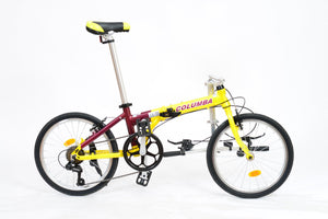 Yellow and purple folding bicycle with folded handlebar.