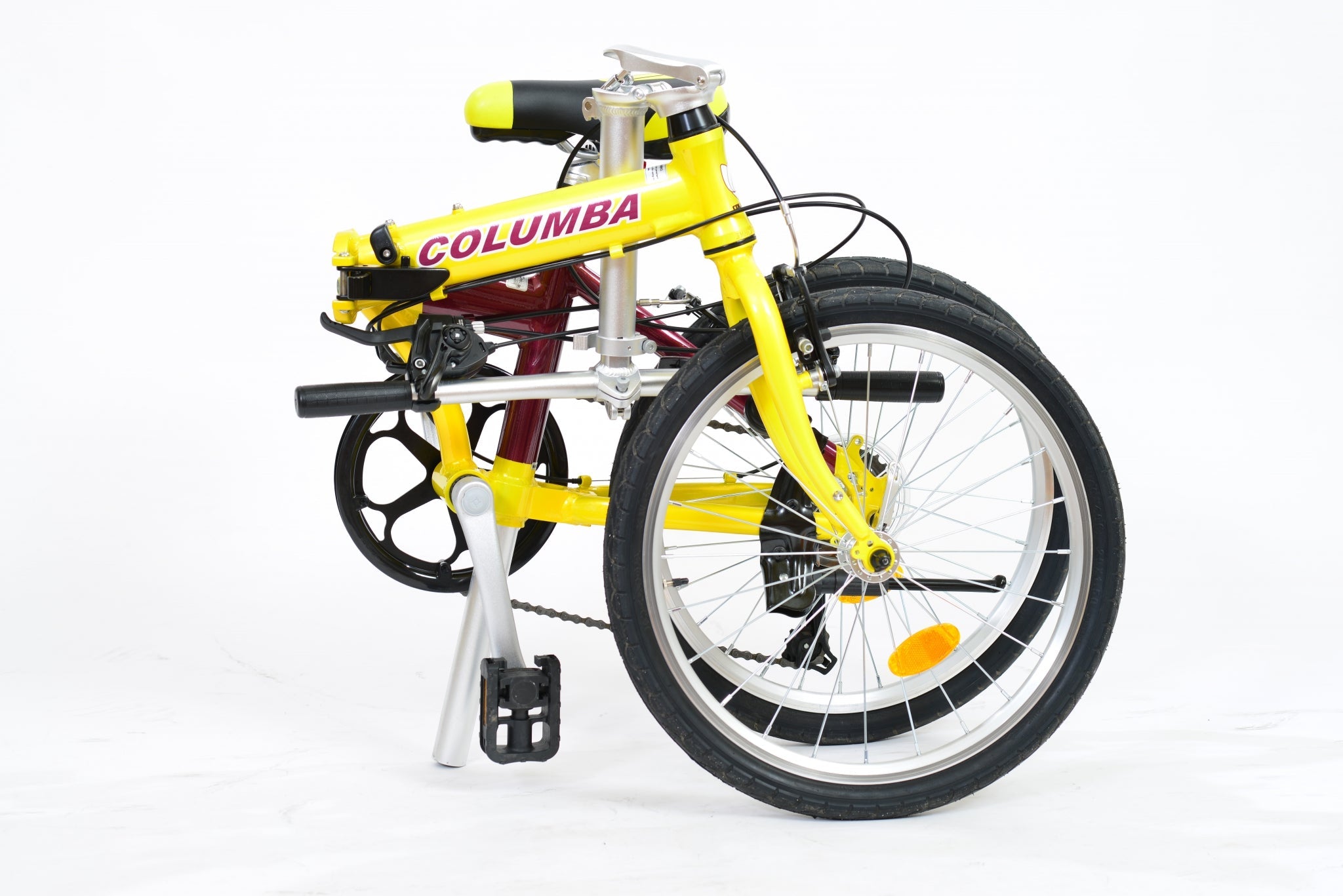Yellow and purple electric folding bicycle in folded position.