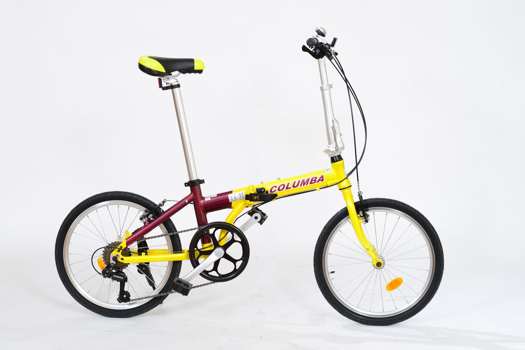 Yellow and purple folding bicycle.