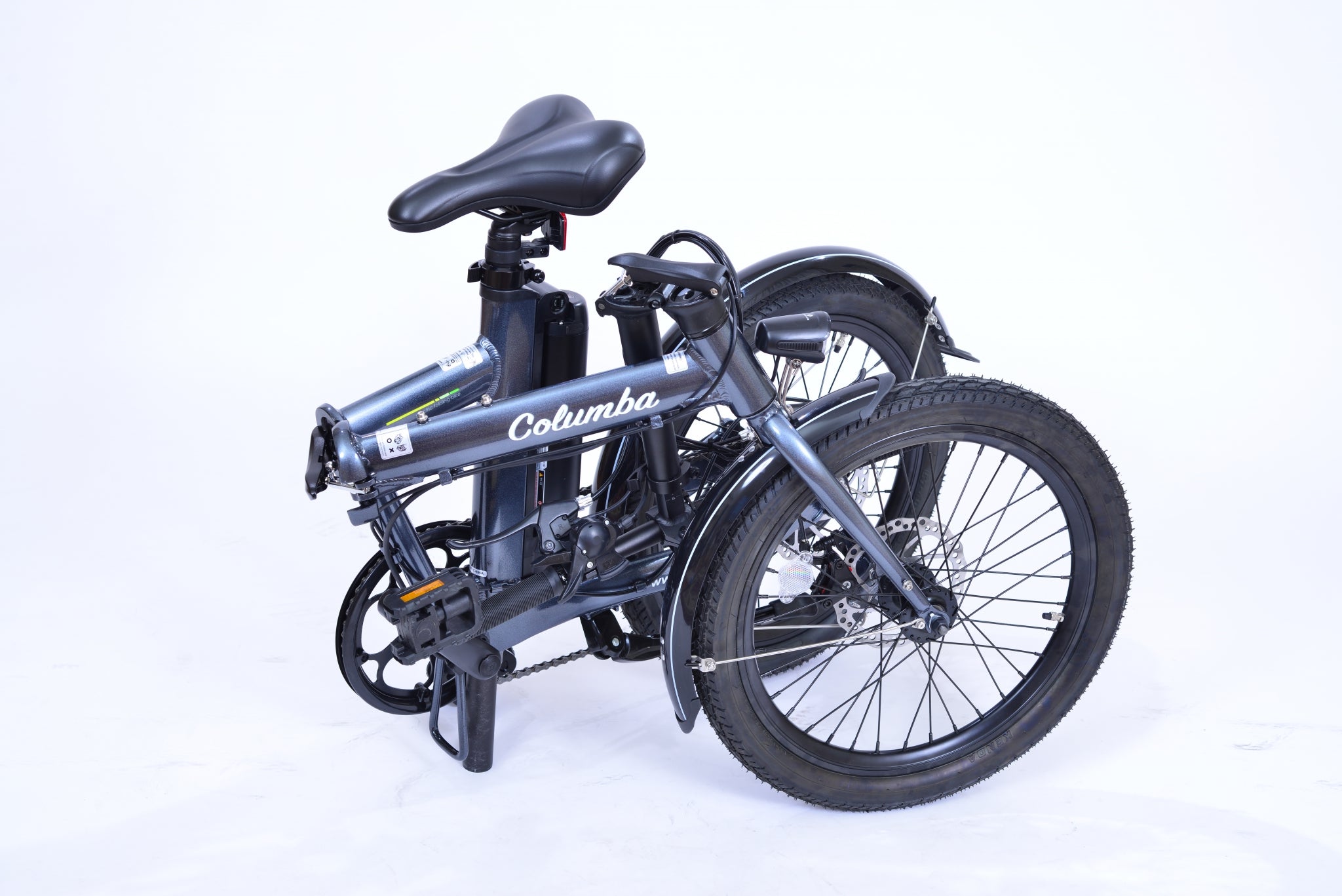 Gray electric folding bicycle in folded position.