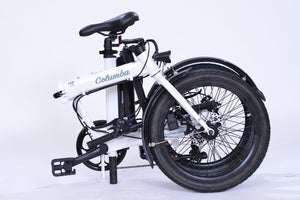 White electric folding bicycle in folded position.