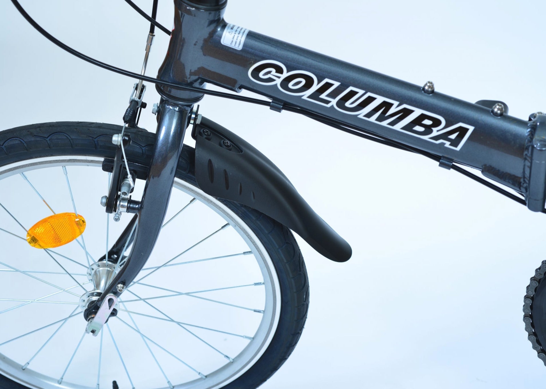 Top view of the front view of a dark gray folding bike.