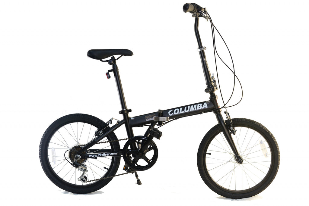 Full view of a black folding bicycle.