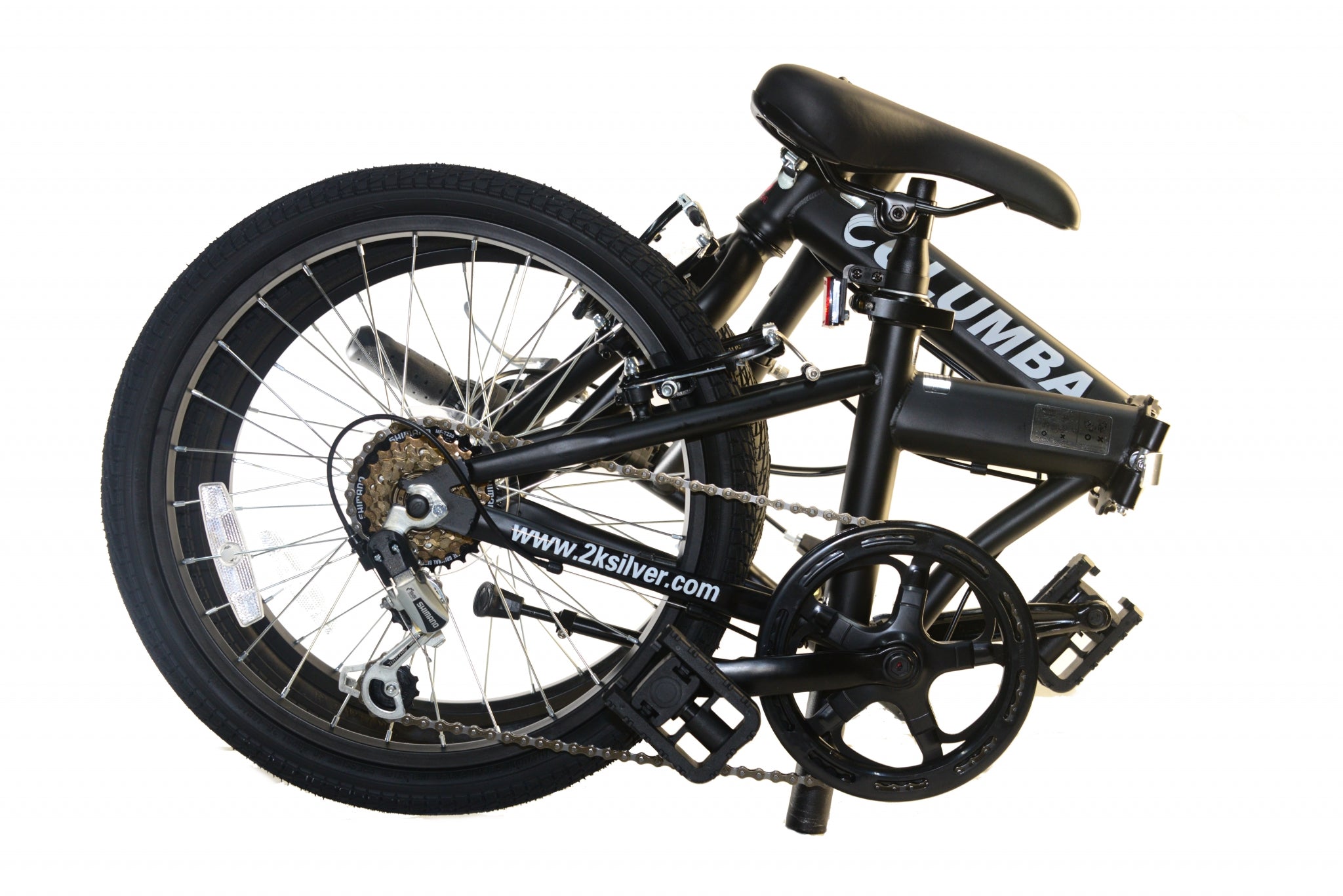 Folded position of a black folding bicycle.