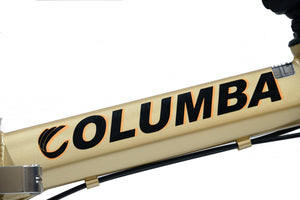Tube of a gold folding bicycle with a logo titled "Columba."