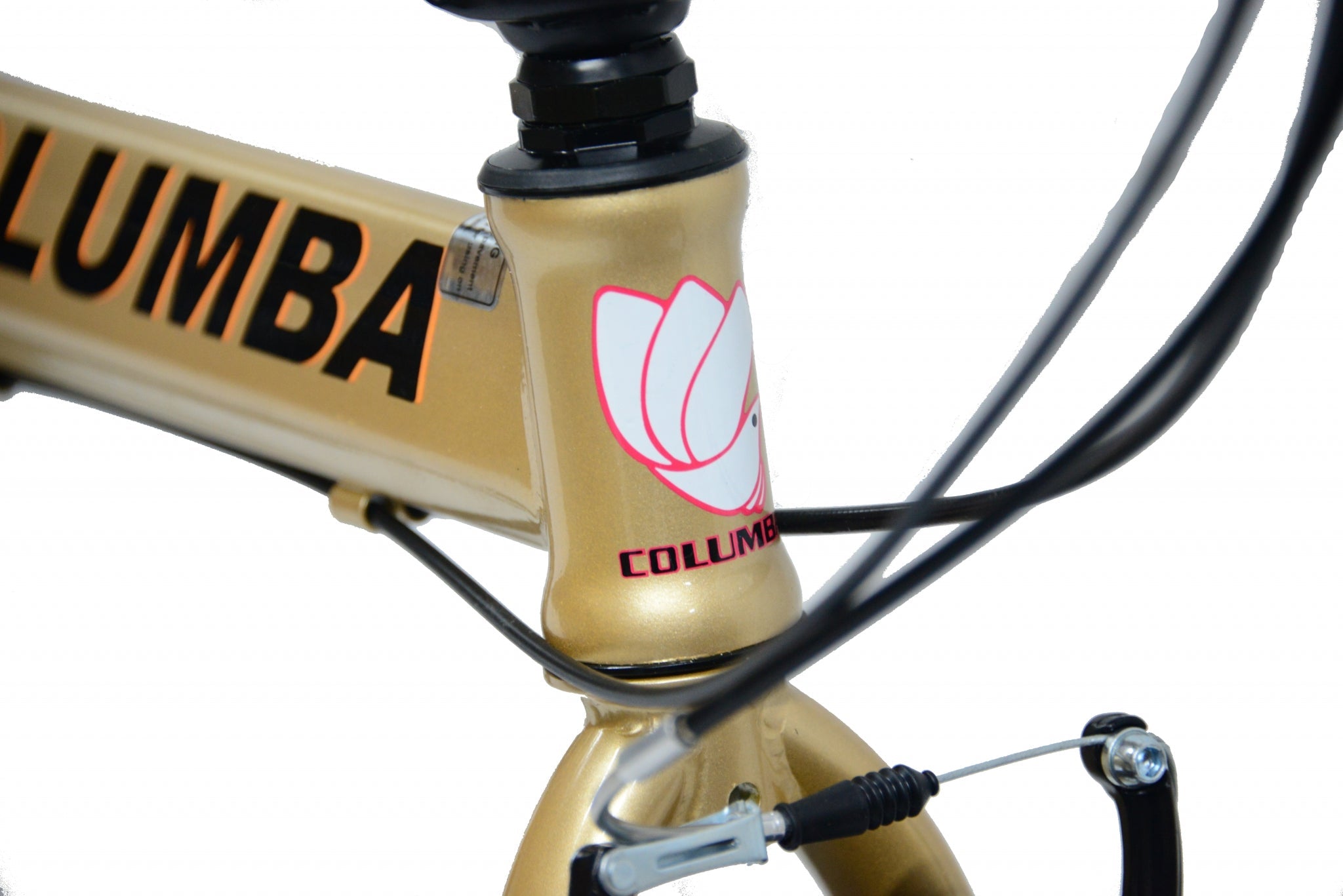 Front of a gold folding bicycle.