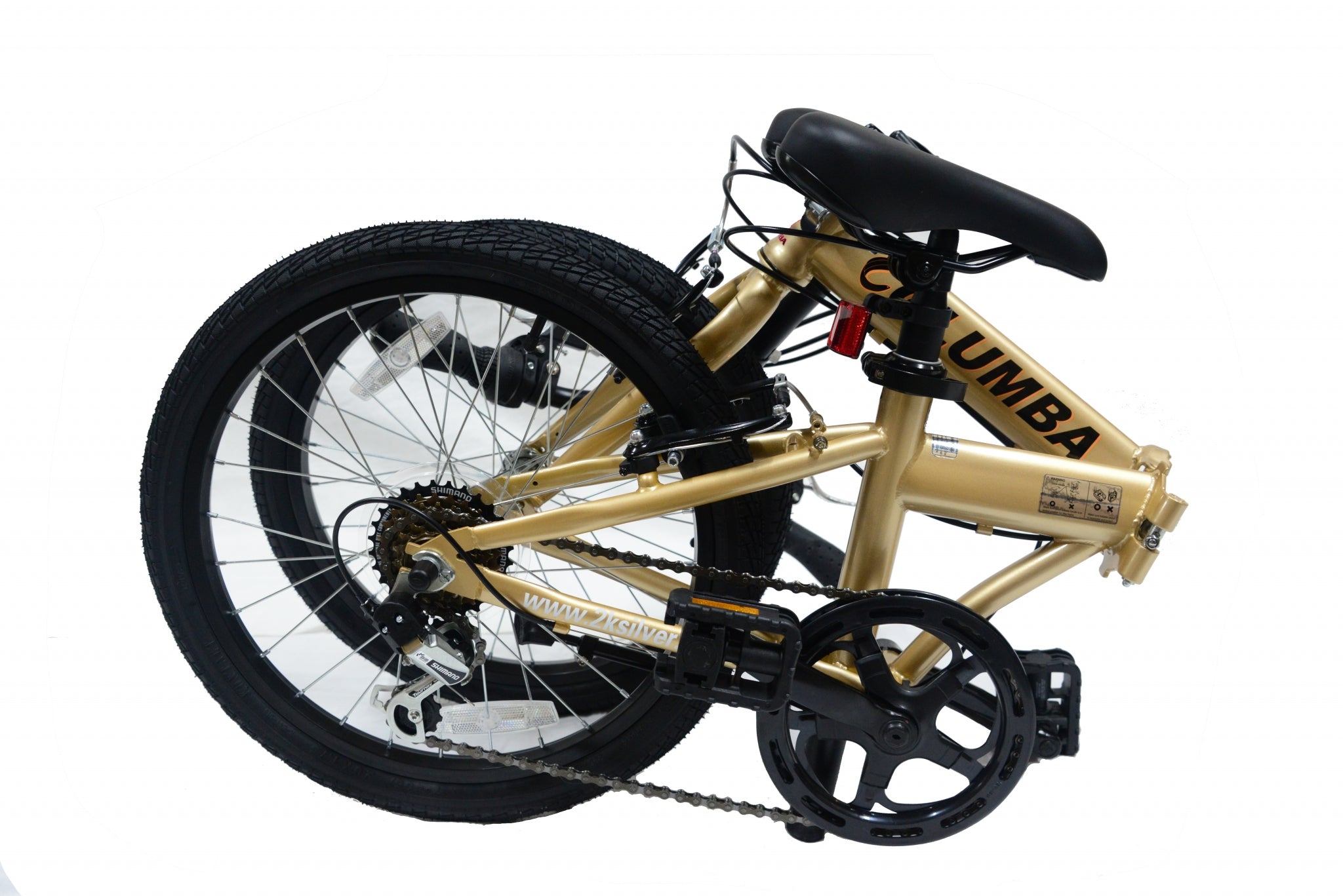 Side view of a gold folding bicycle.