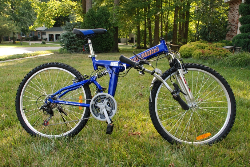 Blue folding bicycle with handlebar removed.