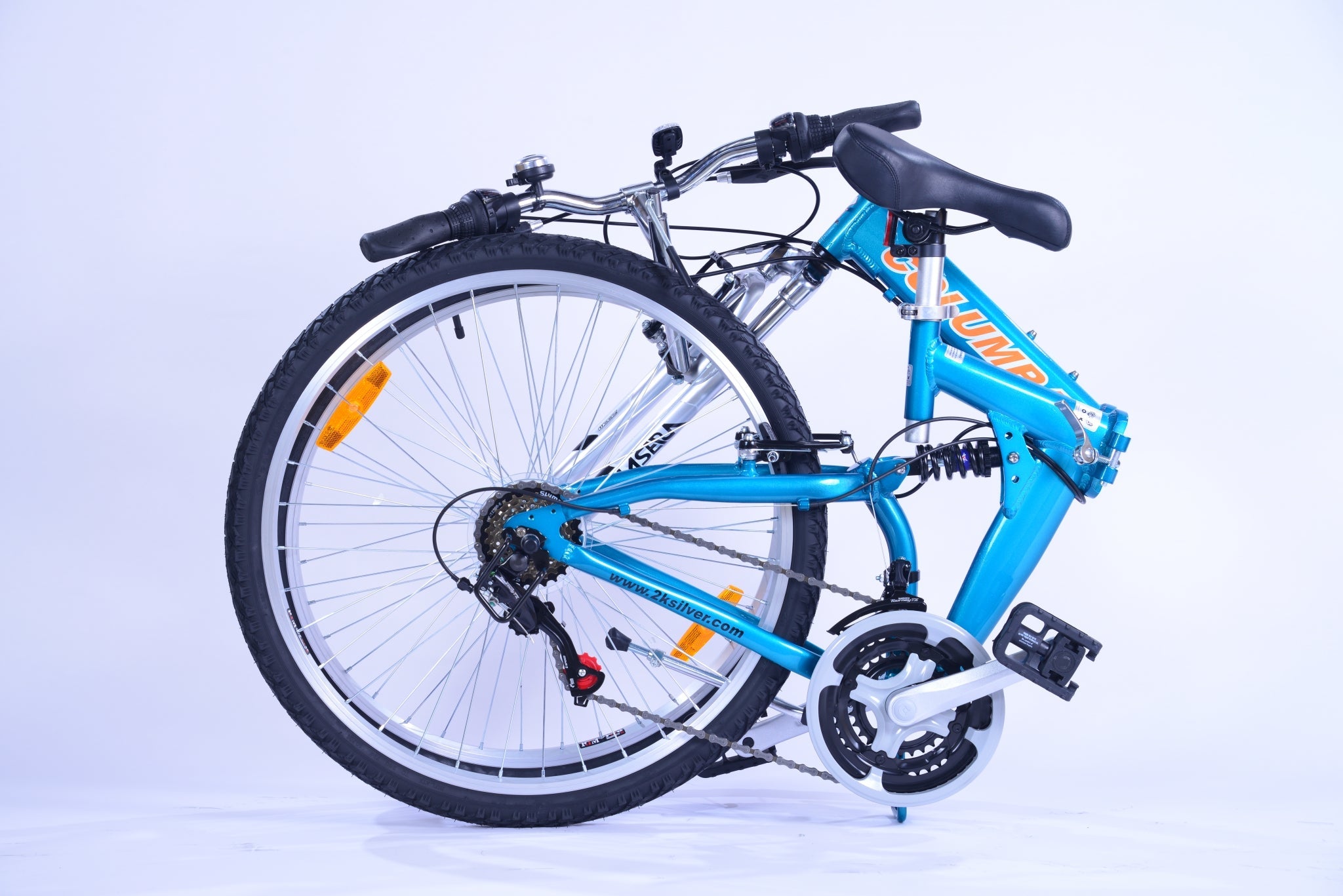 The folded position of a blue foldable bicycle.
