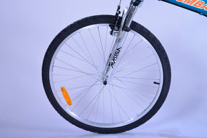 The front wheel of a blue bicycle.