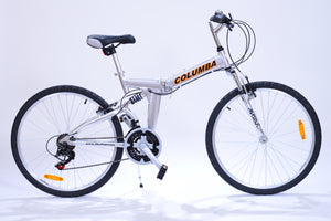 Full view of a silver 26 inch wheel Columba folding bicycle.