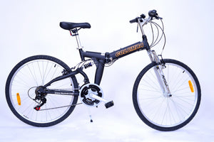 Full view of black folding bicycle.
