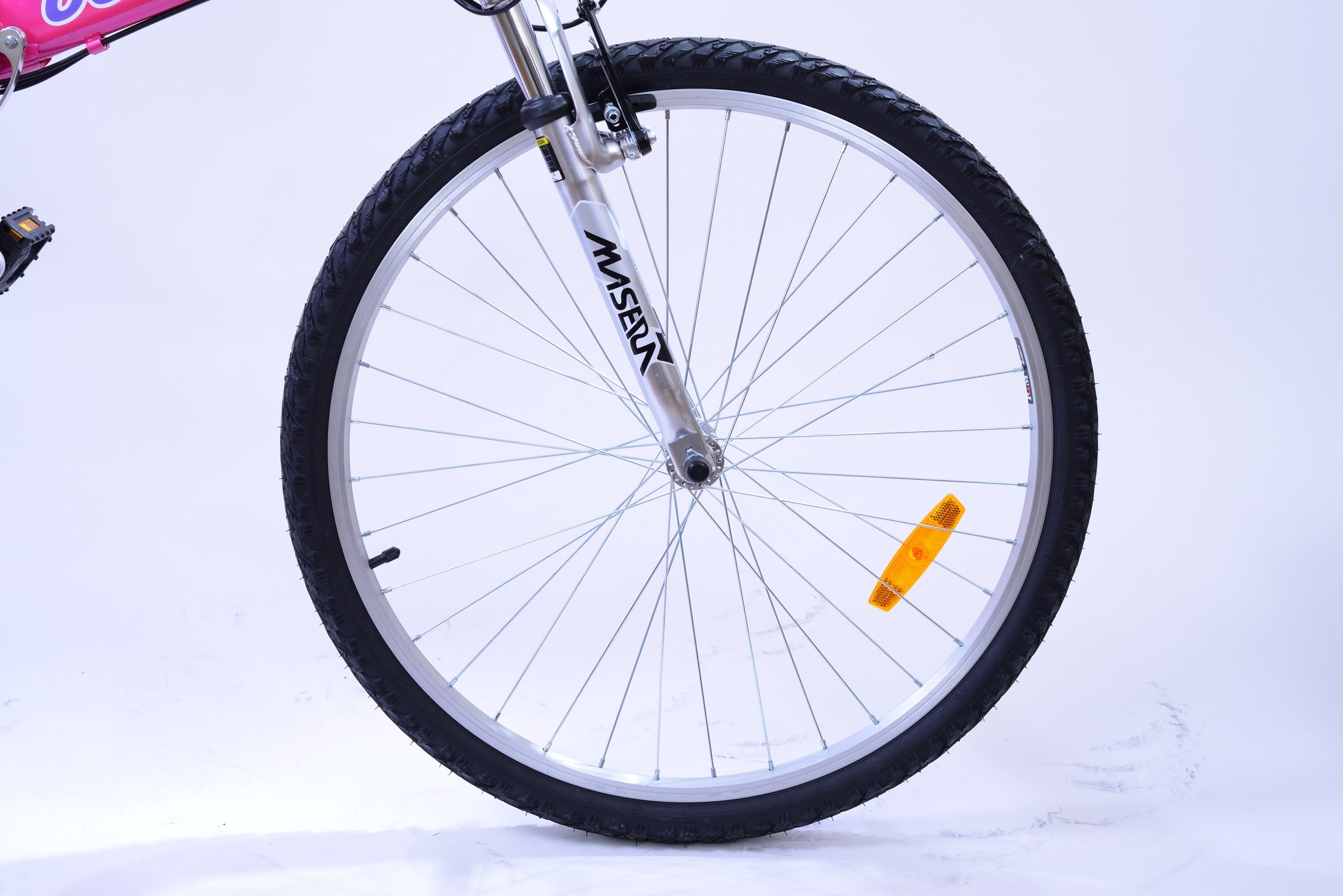 Front wheel of a bicycle.