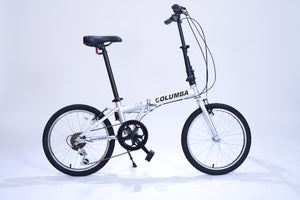 Full view of a silver Columba folding bicycle.