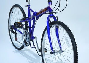 Angled side view of a blue 26 inch folding bicycle.