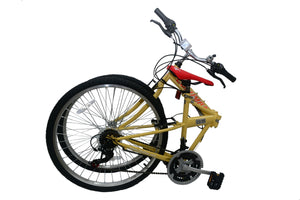 A view of a yellowish folding bicycle in the folded position with a completely white background.