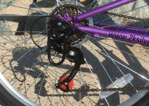 Rear Derailleur on a purple folding bicycle.