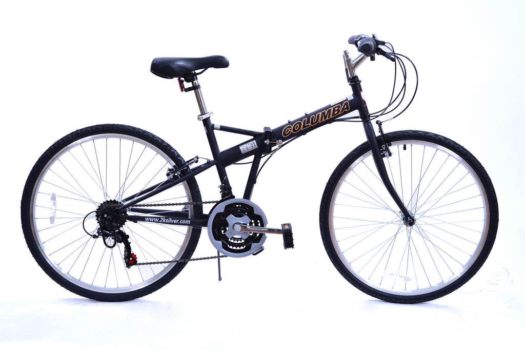 Full view of a black foldable bicycle with an orange and black logo that reads "Columba" on the tube.