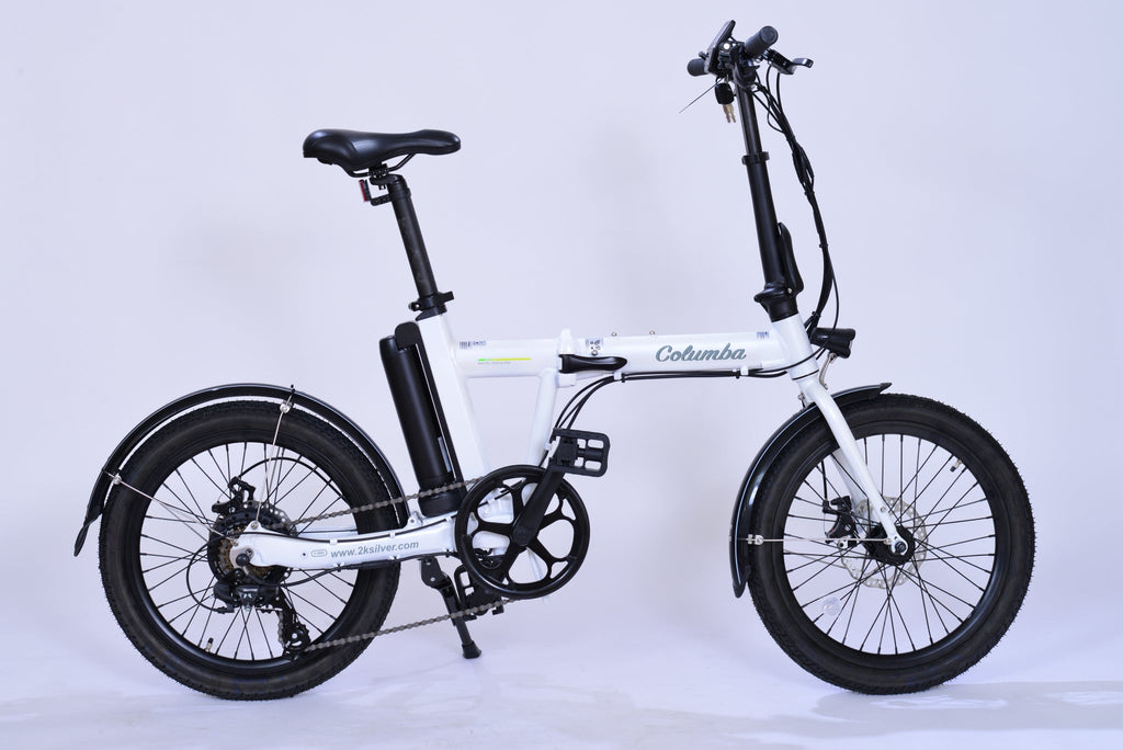 White electric folding bicycle.