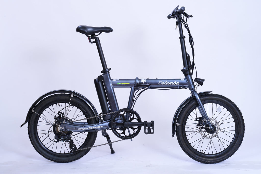 Gray electric folding bicycle.